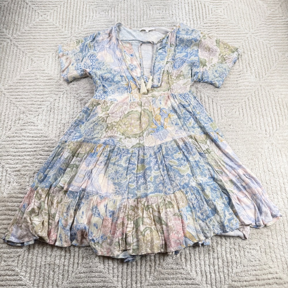 Olivaceous Tiered Babydoll Dress Womens M Blue Pastel Paisley Floral Boho Fairy